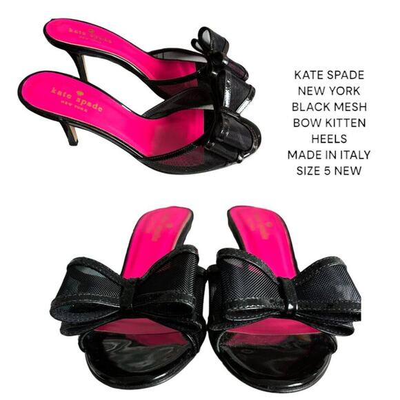 KATE SPADE NY BLACK MESH PEEP TOE BOW KITTEN HEELS MADE IN ITALY SIZE 5 NEW - Picture 1 of 6